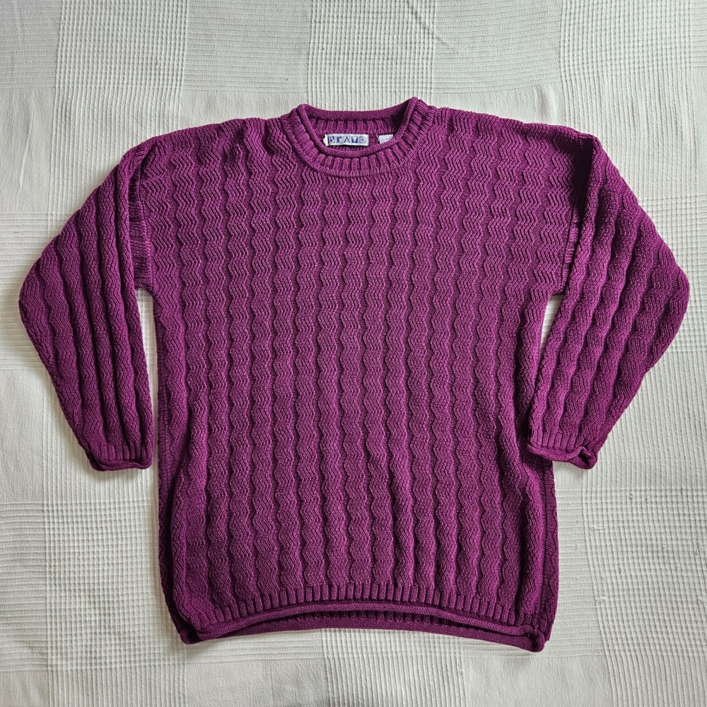 Bravo Vintage Magenta Purple Cable Knit Roll Neck Sweater Ramie Cotton L 80s 90s